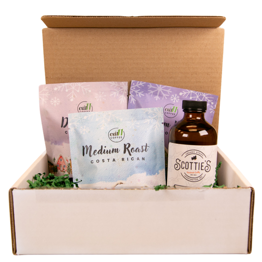 Exit 11 Coffee Sampler Gift Box | 3 Roasts + Bourbon Vanilla Syrup